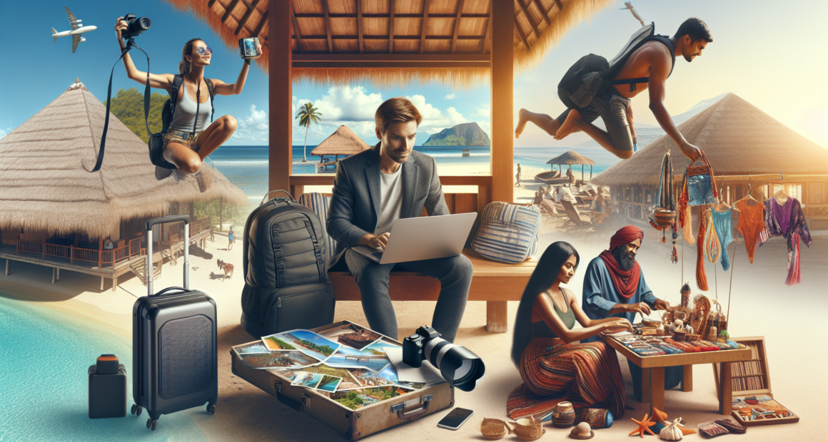 Create an image of a diverse, adventurous traveler working on a laptop under a picturesque beach cabana, surrounded by travel essentials like a backpack, camera, and suitcase. In the background, inclu