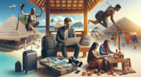 Create an image of a diverse, adventurous traveler working on a laptop under a picturesque beach cabana, surrounded by travel essentials like a backpack, camera, and suitcase. In the background, inclu