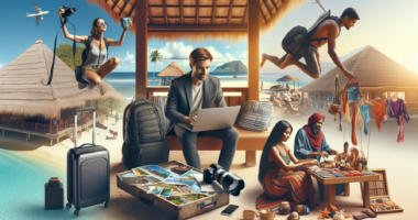 Create an image of a diverse, adventurous traveler working on a laptop under a picturesque beach cabana, surrounded by travel essentials like a backpack, camera, and suitcase. In the background, inclu