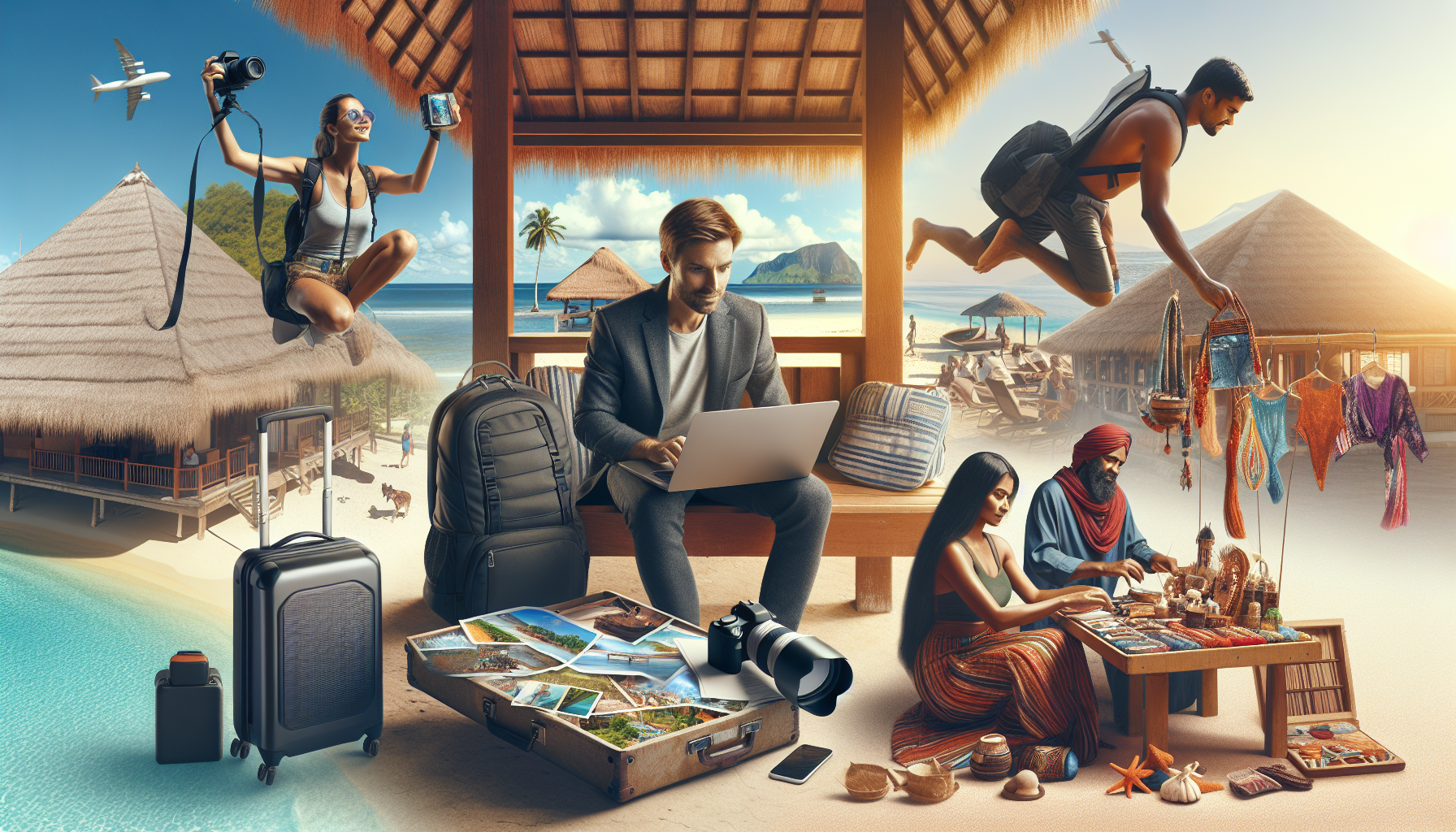 Create an image of a diverse, adventurous traveler working on a laptop under a picturesque beach cabana, surrounded by travel essentials like a backpack, camera, and suitcase. In the background, inclu