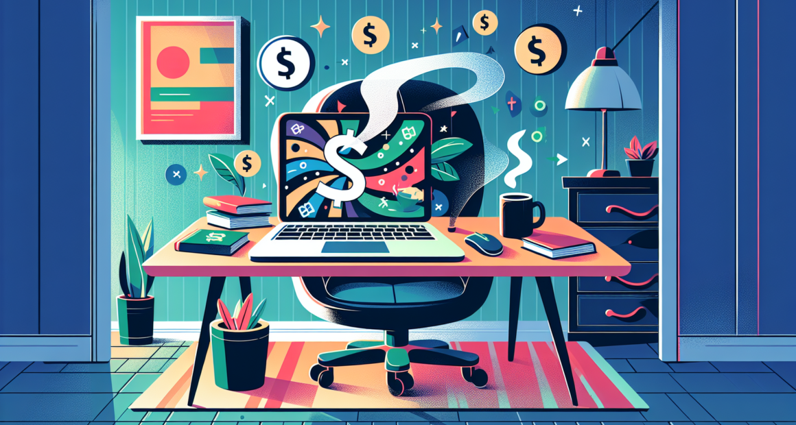 Create an illustration of a laptop on a stylish desk in a cozy, well-decorated home office. The screen displays a vibrant blog with high traffic, and dollar signs are floating around. Include elements