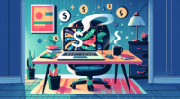 Create an illustration of a laptop on a stylish desk in a cozy, well-decorated home office. The screen displays a vibrant blog with high traffic, and dollar signs are floating around. Include elements