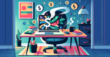 Create an illustration of a laptop on a stylish desk in a cozy, well-decorated home office. The screen displays a vibrant blog with high traffic, and dollar signs are floating around. Include elements