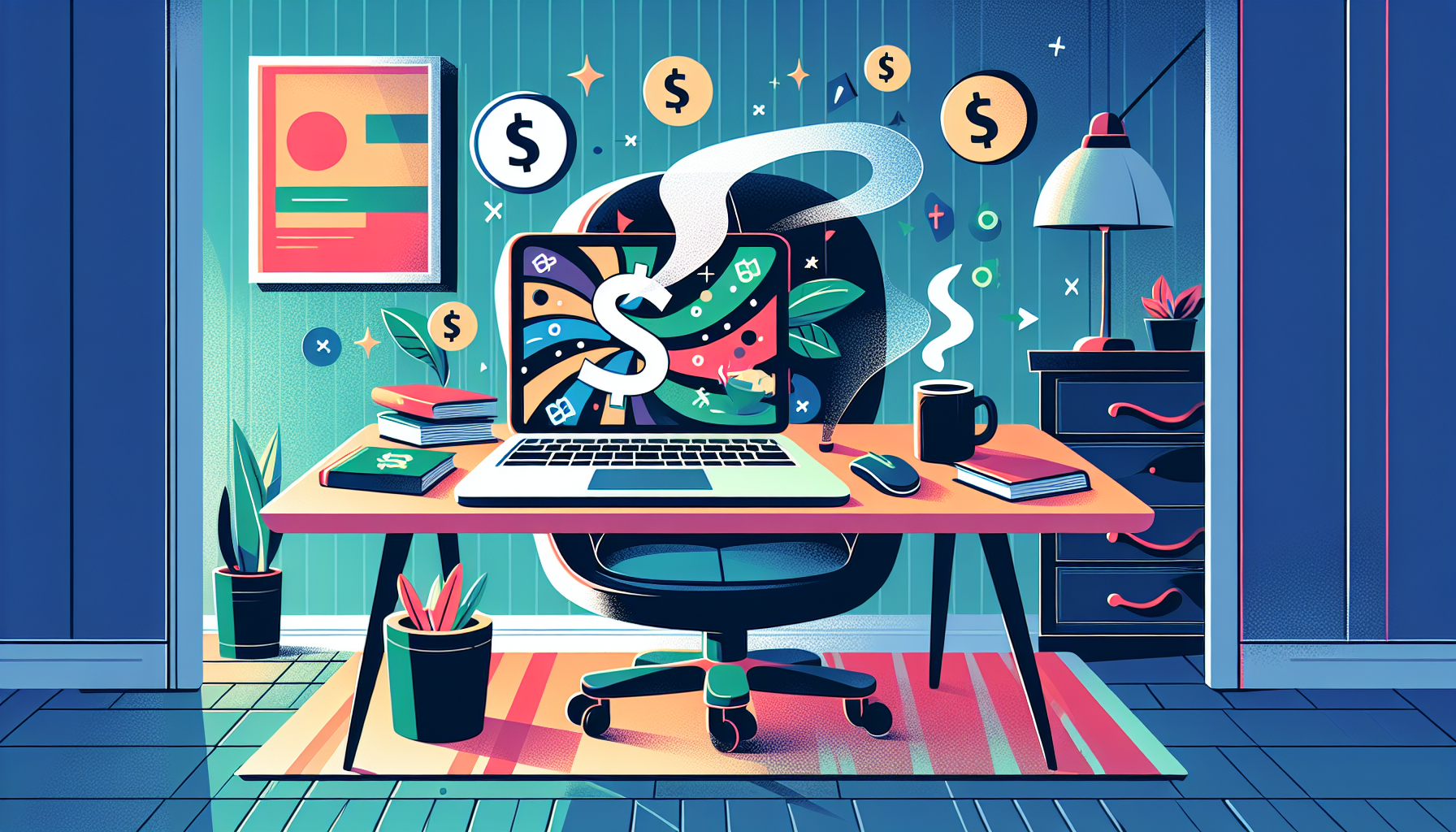 Create an illustration of a laptop on a stylish desk in a cozy, well-decorated home office. The screen displays a vibrant blog with high traffic, and dollar signs are floating around. Include elements