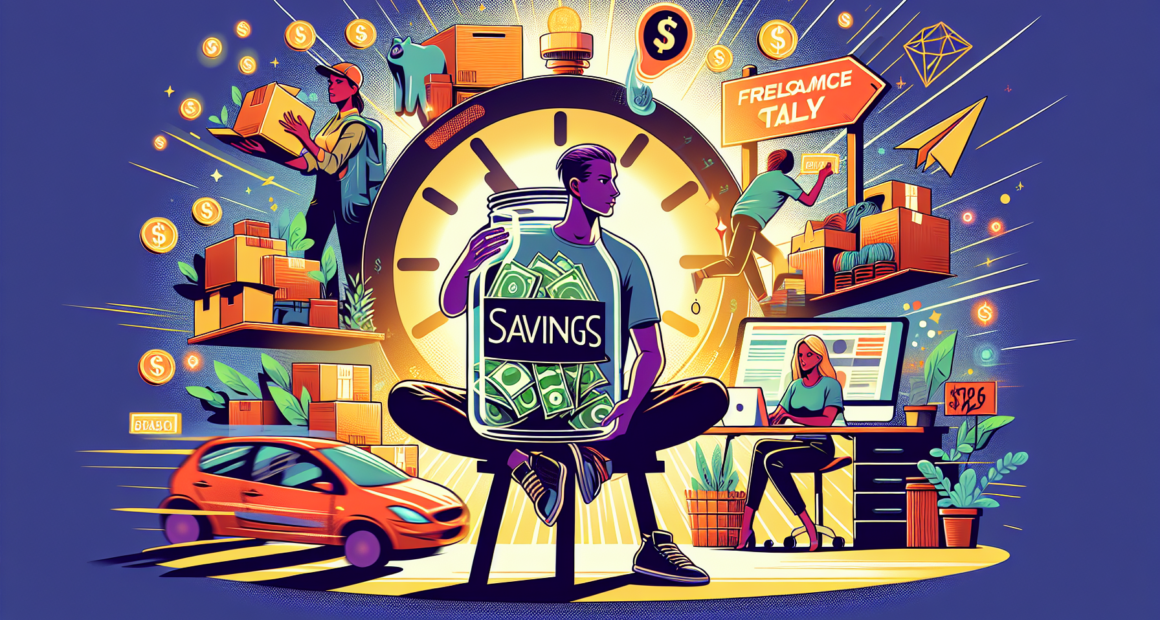 Create an image of a person holding a jar labeled 'Savings', surrounded by symbols of fast cash-making activities like delivering packages, selling handcrafted goods online, offering freelance service