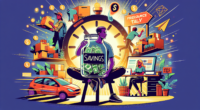 Create an image of a person holding a jar labeled 'Savings', surrounded by symbols of fast cash-making activities like delivering packages, selling handcrafted goods online, offering freelance service
