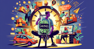 Create an image of a person holding a jar labeled 'Savings', surrounded by symbols of fast cash-making activities like delivering packages, selling handcrafted goods online, offering freelance service