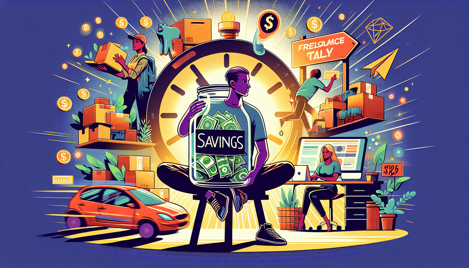 Create an image of a person holding a jar labeled 'Savings', surrounded by symbols of fast cash-making activities like delivering packages, selling handcrafted goods online, offering freelance service