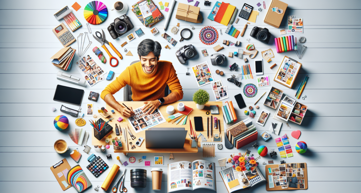 Create an image showing a cozy home office setup with a person happily stuffing envelopes at a desk while surrounded by various tools and materials. Scatter elements that represent other remote work o