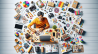 Create an image showing a cozy home office setup with a person happily stuffing envelopes at a desk while surrounded by various tools and materials. Scatter elements that represent other remote work o