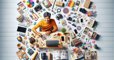 Create an image showing a cozy home office setup with a person happily stuffing envelopes at a desk while surrounded by various tools and materials. Scatter elements that represent other remote work o