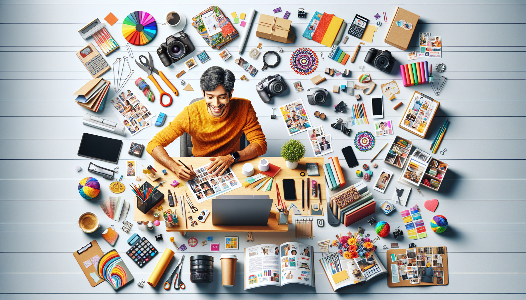 Create an image showing a cozy home office setup with a person happily stuffing envelopes at a desk while surrounded by various tools and materials. Scatter elements that represent other remote work o