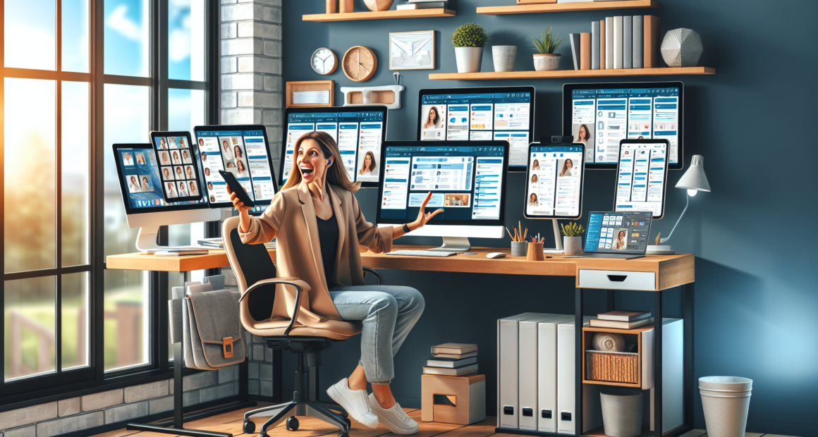 Create an image of a professional virtual assistant working from a home office setup. The assistant is seen multitasking on a computer with multiple screens, a tablet, and a smartphone, all displaying