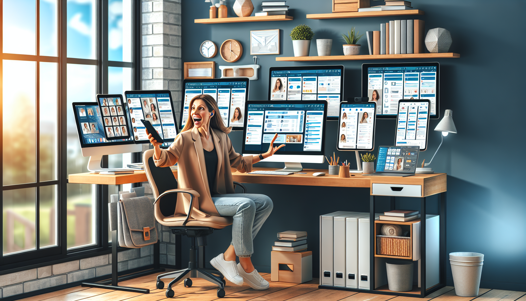 Create an image of a professional virtual assistant working from a home office setup. The assistant is seen multitasking on a computer with multiple screens, a tablet, and a smartphone, all displaying