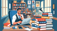 A digital illustration of a successful self-published author sitting at a desk with a laptop, surrounded by stacks of their self-published books. The author is smiling while checking book sales on the