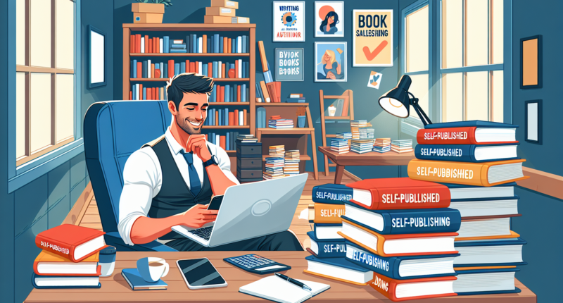 A digital illustration of a successful self-published author sitting at a desk with a laptop, surrounded by stacks of their self-published books. The author is smiling while checking book sales on the