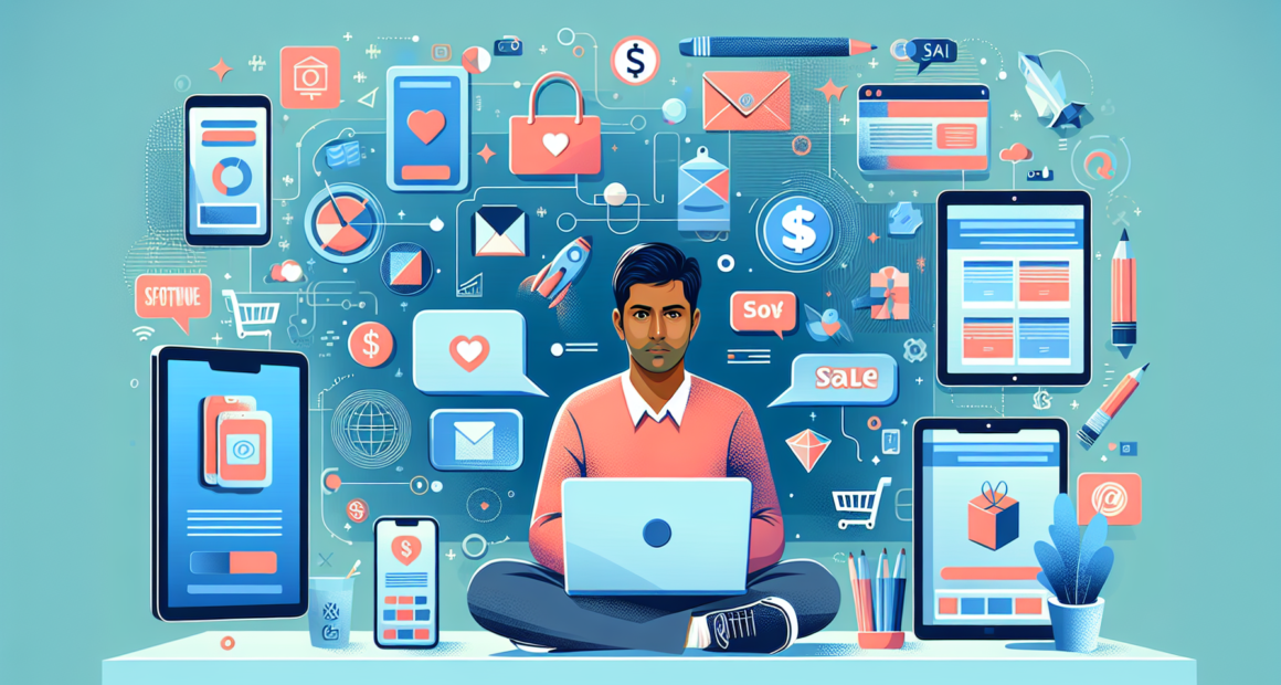Create an image showing a person sitting at a desk, surrounded by digital devices like a laptop, tablet, and smartphone, with icons of various digital products such as e-books, software, courses, and