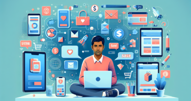 Create an image showing a person sitting at a desk, surrounded by digital devices like a laptop, tablet, and smartphone, with icons of various digital products such as e-books, software, courses, and