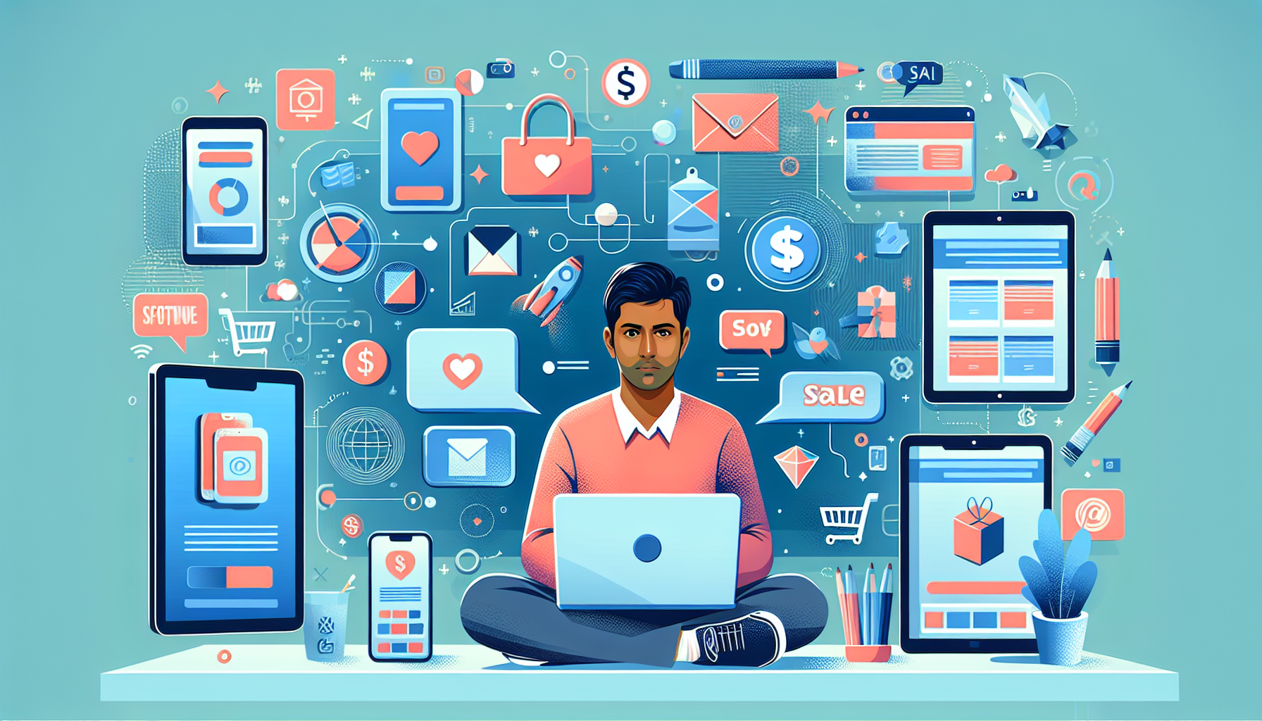 Create an image showing a person sitting at a desk, surrounded by digital devices like a laptop, tablet, and smartphone, with icons of various digital products such as e-books, software, courses, and
