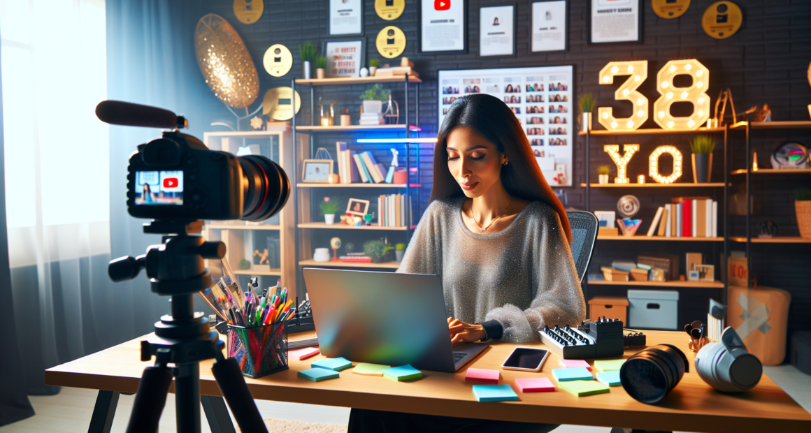 An aspiring YouTuber working on their channel: A vibrant, modern home studio setup with a camera, microphone, and lighting equipment. The person is seated at a desk, surrounded by notes and a open lap