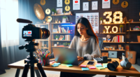 An aspiring YouTuber working on their channel: A vibrant, modern home studio setup with a camera, microphone, and lighting equipment. The person is seated at a desk, surrounded by notes and a open lap