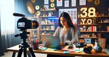An aspiring YouTuber working on their channel: A vibrant, modern home studio setup with a camera, microphone, and lighting equipment. The person is seated at a desk, surrounded by notes and a open lap