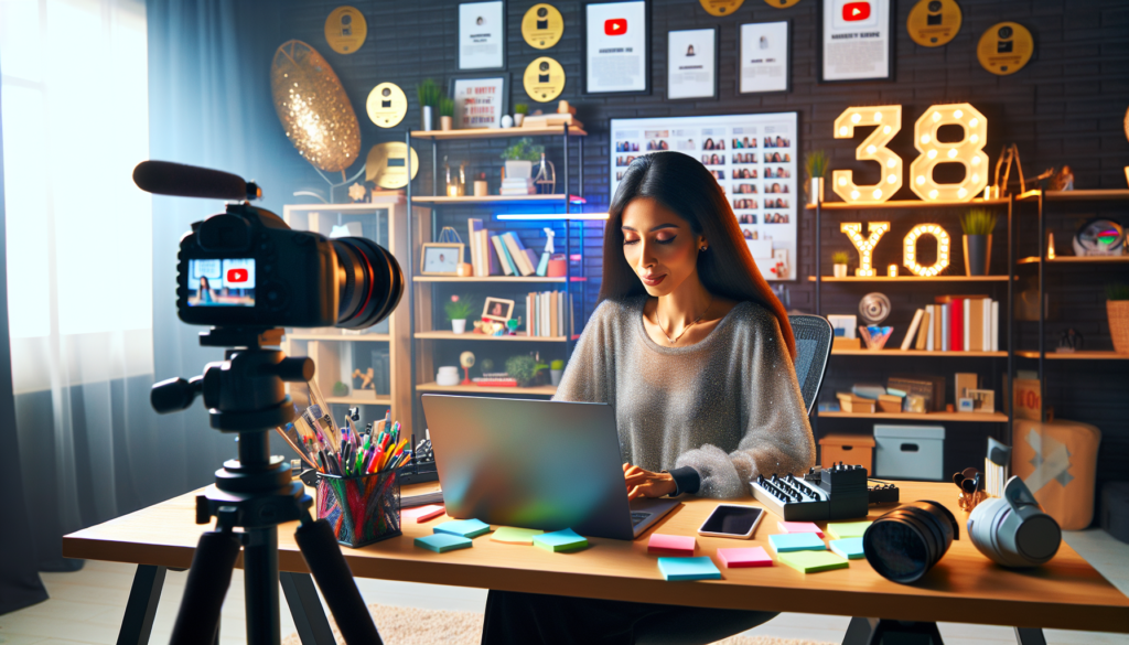 An aspiring YouTuber working on their channel: A vibrant, modern home studio setup with a camera, microphone, and lighting equipment. The person is seated at a desk, surrounded by notes and a open lap