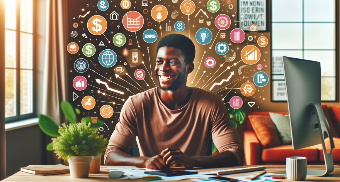 Create an image of a person at a computer, surrounded by icons and symbols representing various online businesses and products. The person looks happy and focused, with dollar signs, upward trending g