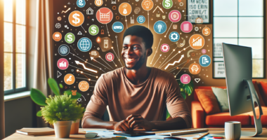 Create an image of a person at a computer, surrounded by icons and symbols representing various online businesses and products. The person looks happy and focused, with dollar signs, upward trending g