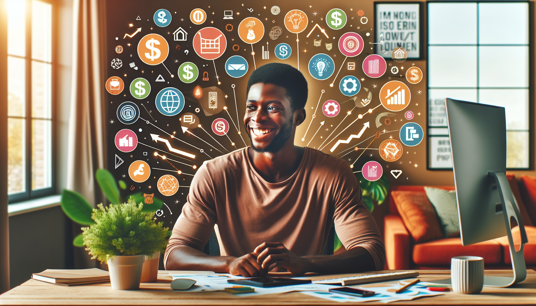 Create an image of a person at a computer, surrounded by icons and symbols representing various online businesses and products. The person looks happy and focused, with dollar signs, upward trending g