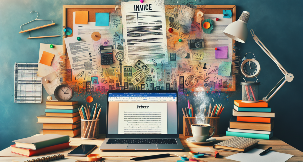 Create an image of a cozy home office setting with a laptop open to a freelance writing platform, a steaming cup of coffee, stacks of books, and a completed freelance writing invoice. The background s