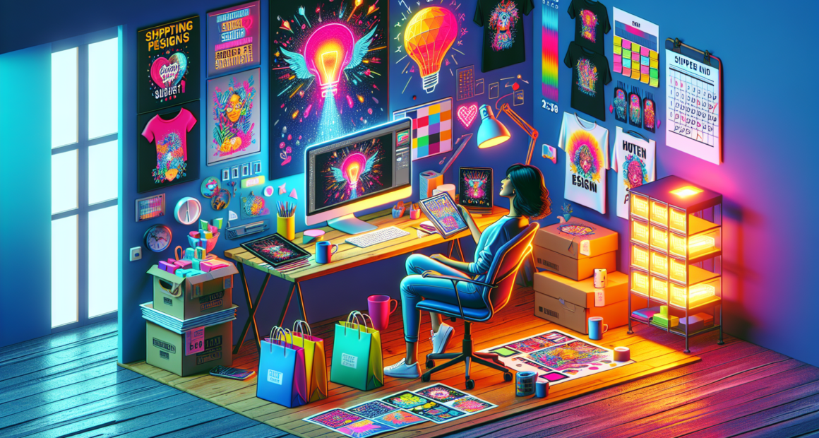 Create an illustration that depicts a bustling home office with a creative workspace. Include a desktop computer displaying design software, vibrant custom T-shirt designs, mugs, and tote bags laid ou
