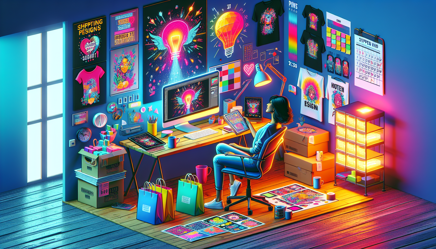 Create an illustration that depicts a bustling home office with a creative workspace. Include a desktop computer displaying design software, vibrant custom T-shirt designs, mugs, and tote bags laid ou