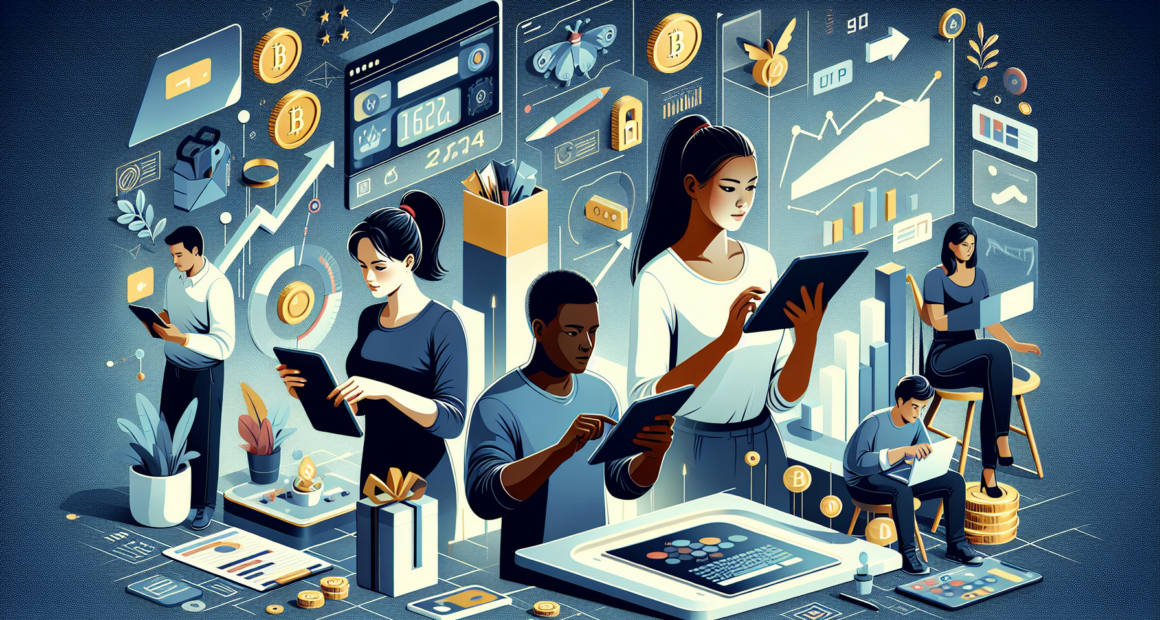 Create an image depicting a futuristic 2024 scene with diverse individuals using various devices like smartphones, laptops, and tablets. They should appear engaged in activities like survey-taking and