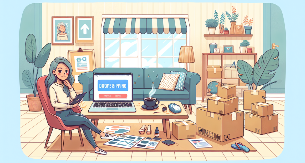 Create an illustration that depicts a person at home starting their profitable dropshipping side hustle. The scene should include a laptop showing an online store interface, a cup of coffee, and various shipping and packaging supplies around. The background should hint at a cozy home environment with simple yet organized decor, symbolizing a beginner's entrepreneurial journey in a relatable and motivational way.