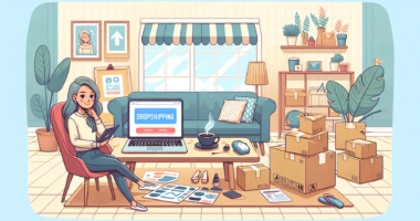 Create an illustration that depicts a person at home starting their profitable dropshipping side hustle. The scene should include a laptop showing an online store interface, a cup of coffee, and various shipping and packaging supplies around. The background should hint at a cozy home environment with simple yet organized decor, symbolizing a beginner's entrepreneurial journey in a relatable and motivational way.