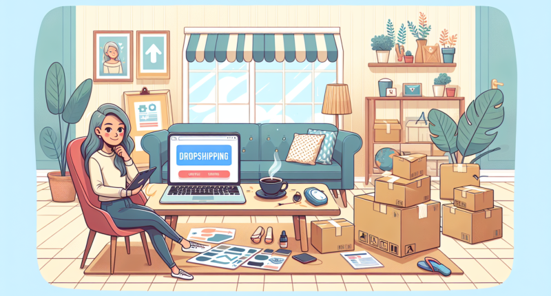 Create an illustration that depicts a person at home starting their profitable dropshipping side hustle. The scene should include a laptop showing an online store interface, a cup of coffee, and various shipping and packaging supplies around. The background should hint at a cozy home environment with simple yet organized decor, symbolizing a beginner's entrepreneurial journey in a relatable and motivational way.