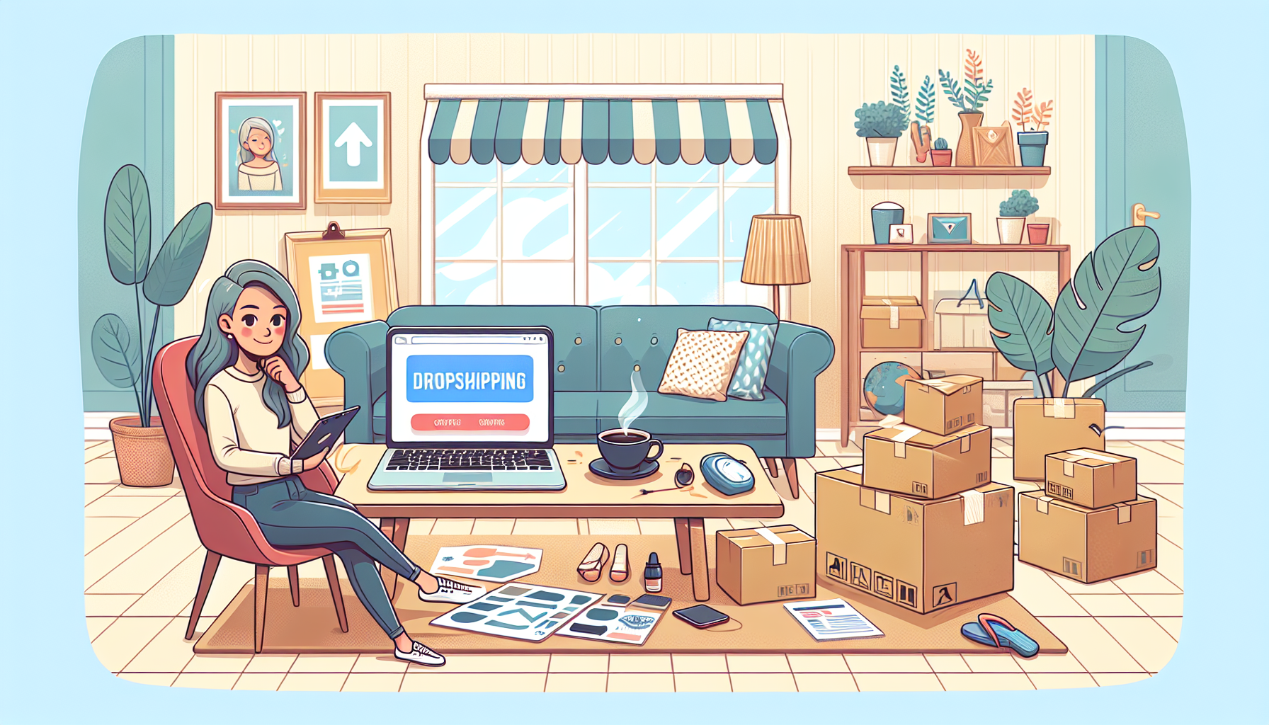 Create an illustration that depicts a person at home starting their profitable dropshipping side hustle. The scene should include a laptop showing an online store interface, a cup of coffee, and various shipping and packaging supplies around. The background should hint at a cozy home environment with simple yet organized decor, symbolizing a beginner's entrepreneurial journey in a relatable and motivational way.