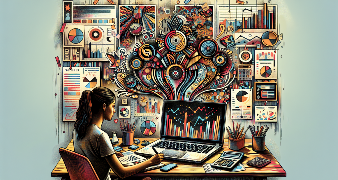 Create an image illustrating the concept of starting an online bookkeeping business. The scene should feature a modern home office setup with a laptop displaying financial data and charts. Surrounding