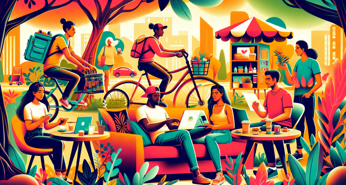 Create an illustration showcasing a diverse group of people engaging in various side hustles. Include someone driving for a ride-share service, a person delivering food on a bike, another selling homemade crafts online, a freelancer working on a laptop in a cozy café, and a tutor teaching a student in a park. The overall scene should be vibrant and dynamic, conveying the spirit of entrepreneurship and income-boosting activities.