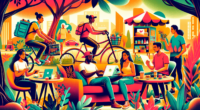 Create an illustration showcasing a diverse group of people engaging in various side hustles. Include someone driving for a ride-share service, a person delivering food on a bike, another selling homemade crafts online, a freelancer working on a laptop in a cozy café, and a tutor teaching a student in a park. The overall scene should be vibrant and dynamic, conveying the spirit of entrepreneurship and income-boosting activities.