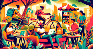 Create an illustration showcasing a diverse group of people engaging in various side hustles. Include someone driving for a ride-share service, a person delivering food on a bike, another selling homemade crafts online, a freelancer working on a laptop in a cozy café, and a tutor teaching a student in a park. The overall scene should be vibrant and dynamic, conveying the spirit of entrepreneurship and income-boosting activities.