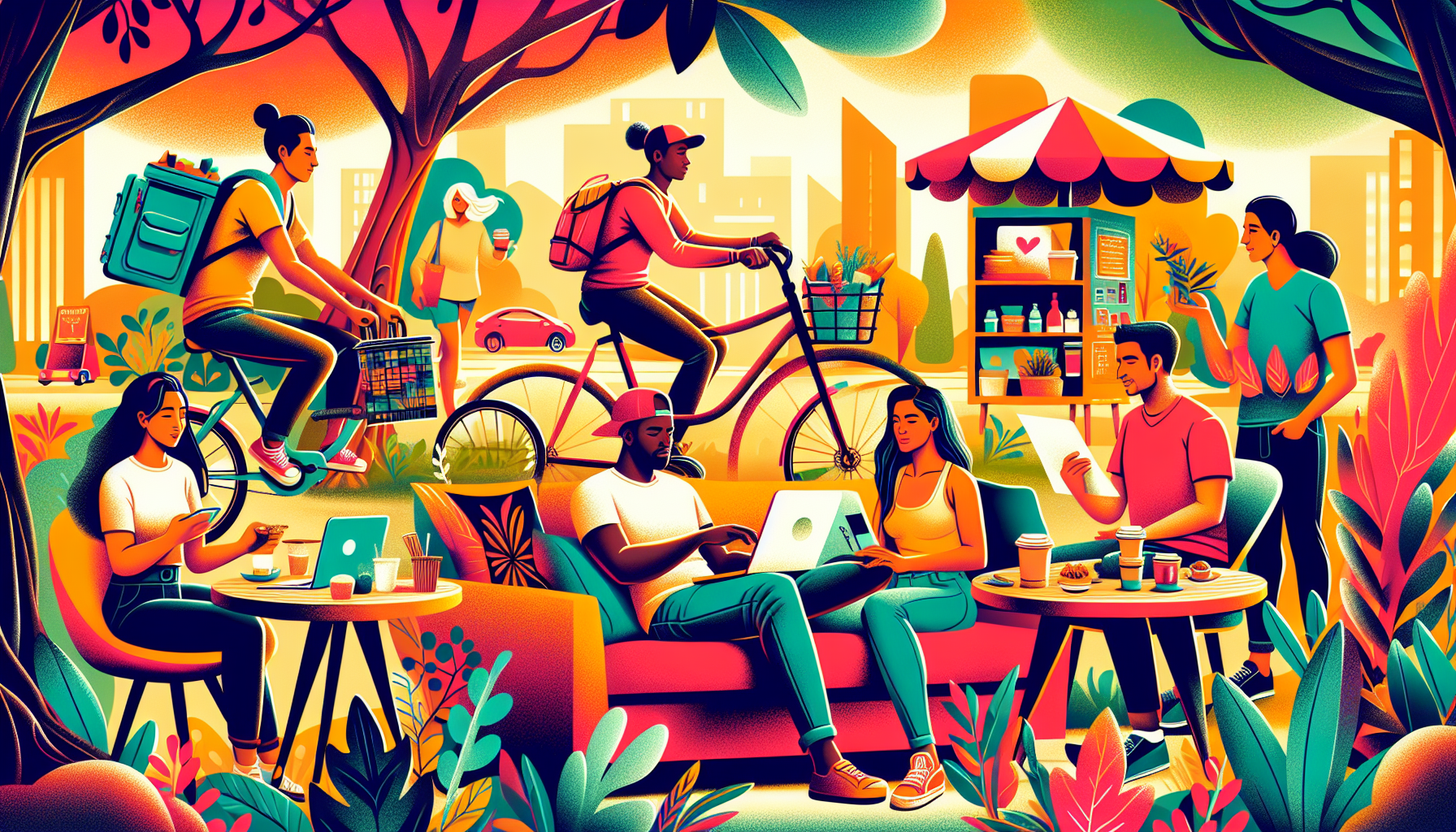 Create an illustration showcasing a diverse group of people engaging in various side hustles. Include someone driving for a ride-share service, a person delivering food on a bike, another selling homemade crafts online, a freelancer working on a laptop in a cozy café, and a tutor teaching a student in a park. The overall scene should be vibrant and dynamic, conveying the spirit of entrepreneurship and income-boosting activities.