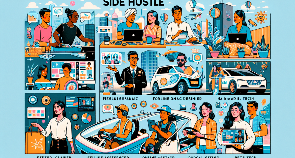 Create a vibrant and dynamic illustration featuring various people engaging in different side hustles for 2023. Include activities such as freelance graphic design, online tutoring, delivery driving, e-commerce businesses, pet sitting, social media influencing, podcasting, virtual assisting, content creation, and gig economy jobs like ride-sharing. Each person should be depicted in a distinct setting that represents their hustle, with modern and futuristic elements to signify they are the top choices for 2023.