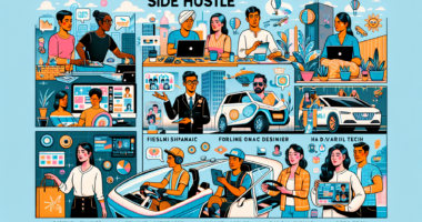 Create a vibrant and dynamic illustration featuring various people engaging in different side hustles for 2023. Include activities such as freelance graphic design, online tutoring, delivery driving, e-commerce businesses, pet sitting, social media influencing, podcasting, virtual assisting, content creation, and gig economy jobs like ride-sharing. Each person should be depicted in a distinct setting that represents their hustle, with modern and futuristic elements to signify they are the top choices for 2023.