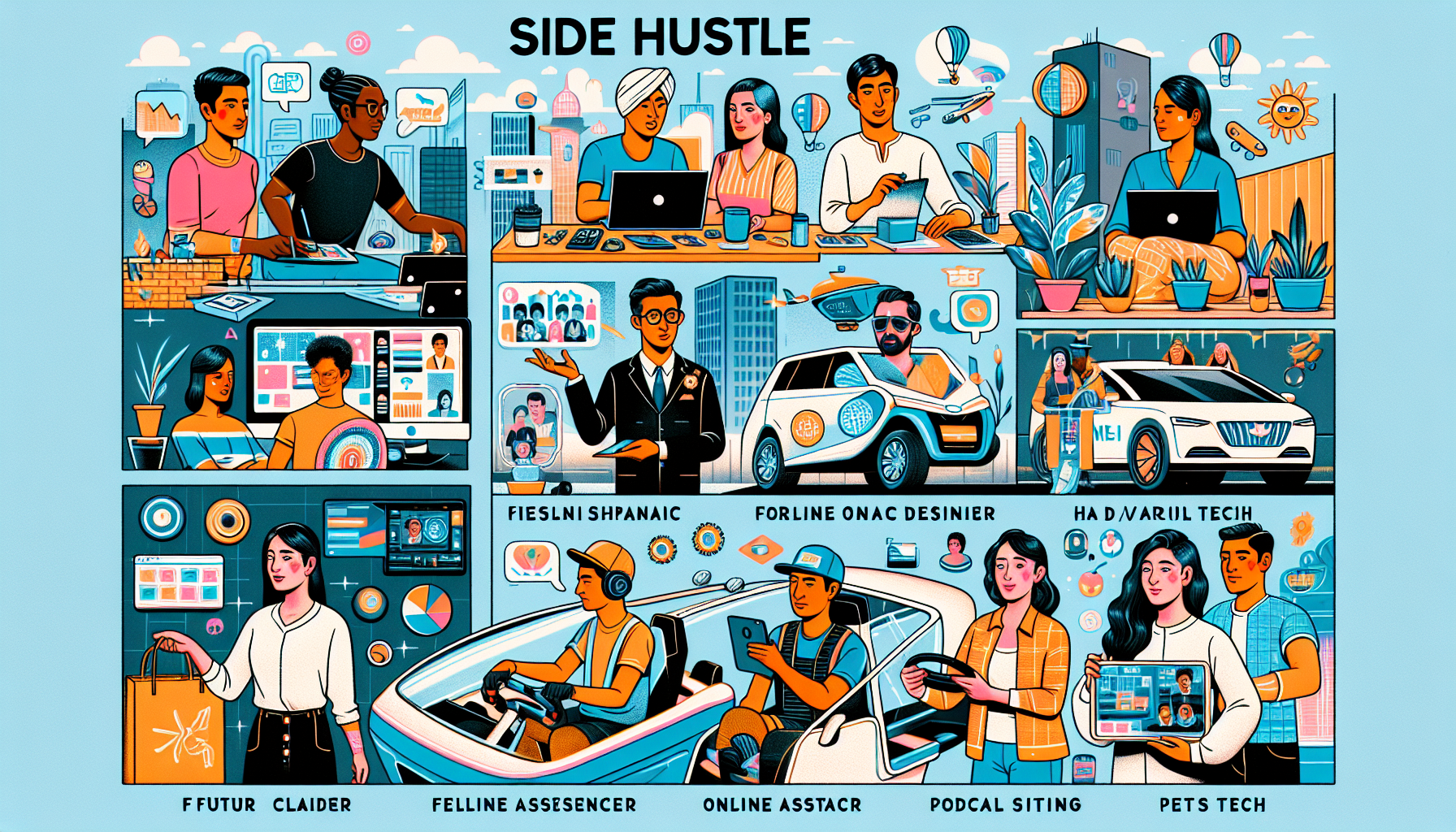 Create a vibrant and dynamic illustration featuring various people engaging in different side hustles for 2023. Include activities such as freelance graphic design, online tutoring, delivery driving, e-commerce businesses, pet sitting, social media influencing, podcasting, virtual assisting, content creation, and gig economy jobs like ride-sharing. Each person should be depicted in a distinct setting that represents their hustle, with modern and futuristic elements to signify they are the top choices for 2023.