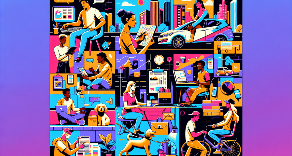 Create an illustration featuring the top 10 side hustles of 2022, showcasing diverse activities like freelance graphic design, ride-sharing, online tutoring, dog walking, virtual assistant work, delivery services, social media influencing, content writing, handmade crafting, and stock photography. The scene should be bustling with individuals engaged in each side hustle, set against a vibrant urban backdrop with elements of digital technology and creativity.