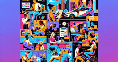 Create an illustration featuring the top 10 side hustles of 2022, showcasing diverse activities like freelance graphic design, ride-sharing, online tutoring, dog walking, virtual assistant work, delivery services, social media influencing, content writing, handmade crafting, and stock photography. The scene should be bustling with individuals engaged in each side hustle, set against a vibrant urban backdrop with elements of digital technology and creativity.