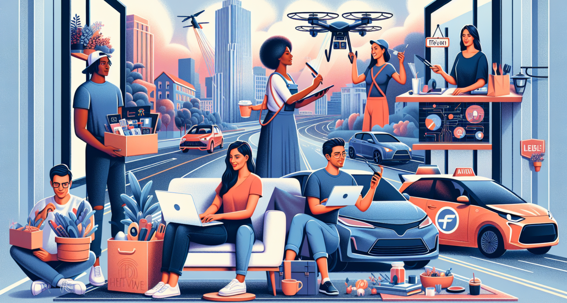 Create an illustration featuring a diverse group of people engaging in various modern side hustles, including freelance graphic design on a laptop, delivering groceries, creating handmade crafts, offering online tutoring, and driving a ride-sharing car. The backdrop should include elements of 2023 technology, such as smart devices, drones, and urban settings reflecting the current year. Make the scene vibrant and dynamic to capture the entrepreneurial spirit.