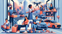 Create an illustration featuring a diverse group of people engaging in various modern side hustles, including freelance graphic design on a laptop, delivering groceries, creating handmade crafts, offering online tutoring, and driving a ride-sharing car. The backdrop should include elements of 2023 technology, such as smart devices, drones, and urban settings reflecting the current year. Make the scene vibrant and dynamic to capture the entrepreneurial spirit.